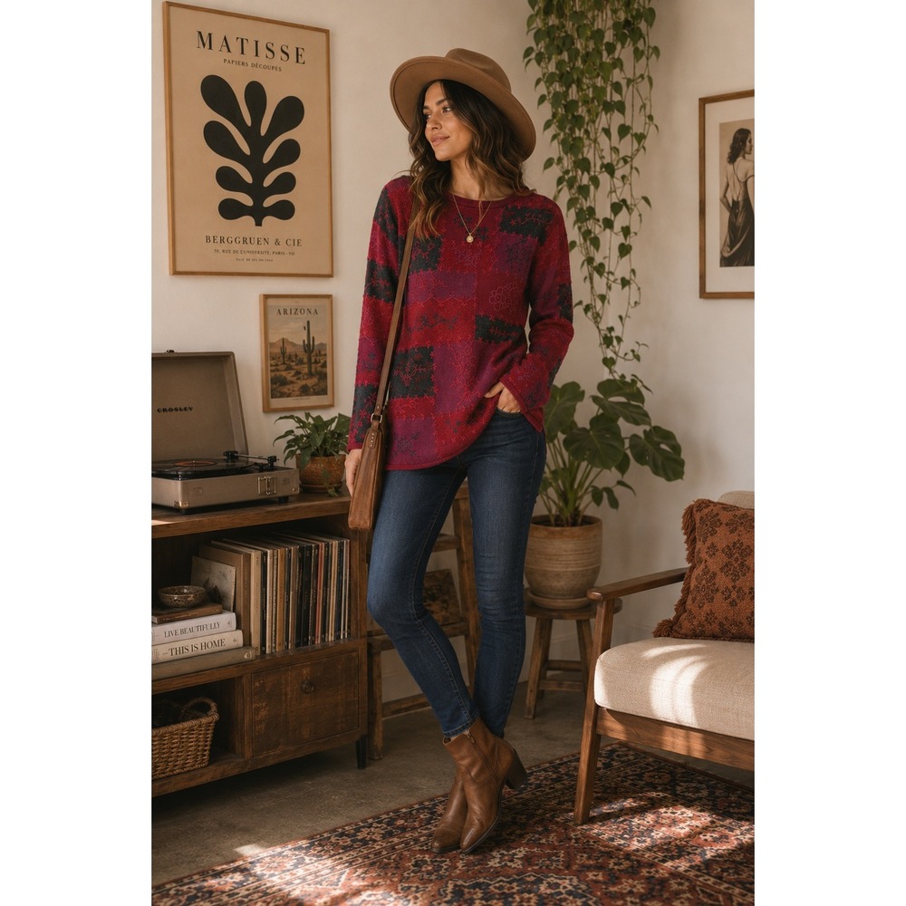 Vintage Jaclyn Smith Womens Medium‎ Red Patchwork Floral Sweater Padded Shoulder